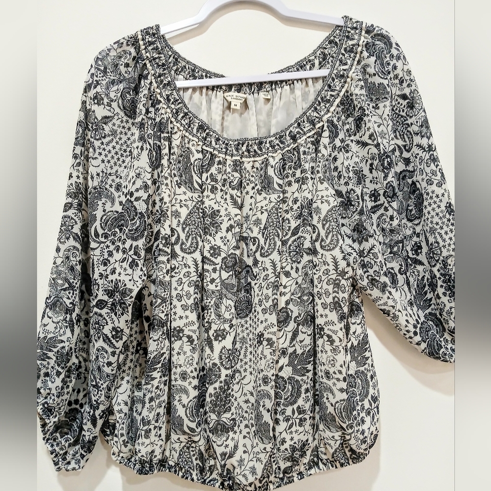 MAX STUDIO London Sheer Print Blouse Lined Gathered Neckline Puff Sleeves Sz M
